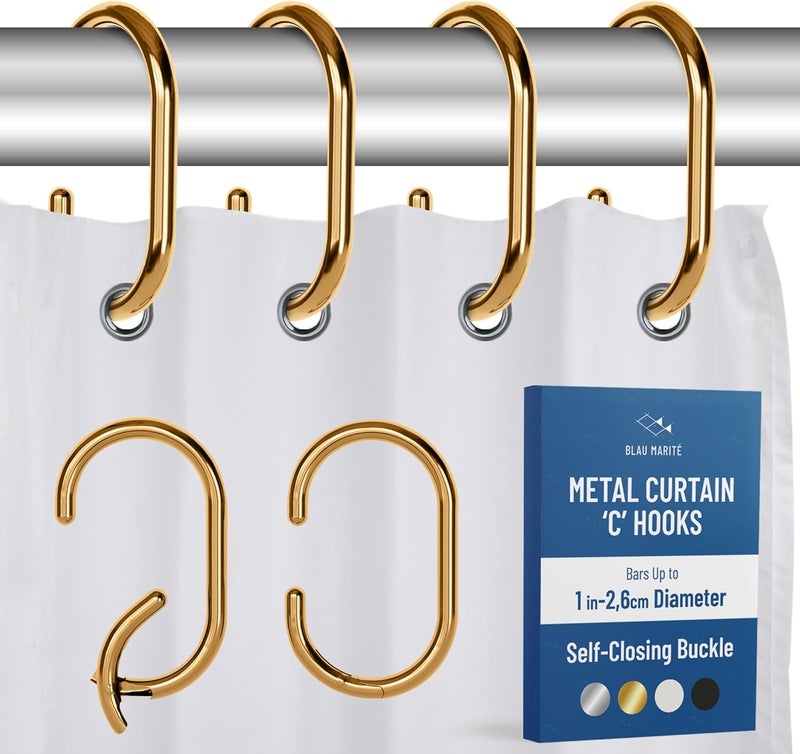 Blau Marité 12 Metal Shower Curtain Hooks, Rust-Proof Decorative C-Shaped Curtain Hooks for Bathroom, Golden Shower Curtain Rings, Fits Rods Up to 1 Inch (C, Gold) - Image 1